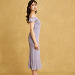 hello ronron | Gabrielle Dress Lilac DR036LILA | V-Neck Bustier Back tie Frill Sleeve Midi Mermaid Pointelle Knit Dress