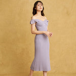 hello ronron | Gabrielle Dress Lilac DR036LILA | V-Neck Bustier Back tie Frill Sleeve Midi Mermaid Pointelle Knit Dress