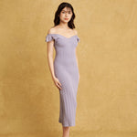 hello ronron | Gabrielle Dress Lilac DR036LILA | V-Neck Bustier Back tie Frill Sleeve Midi Mermaid Pointelle Knit Dress
