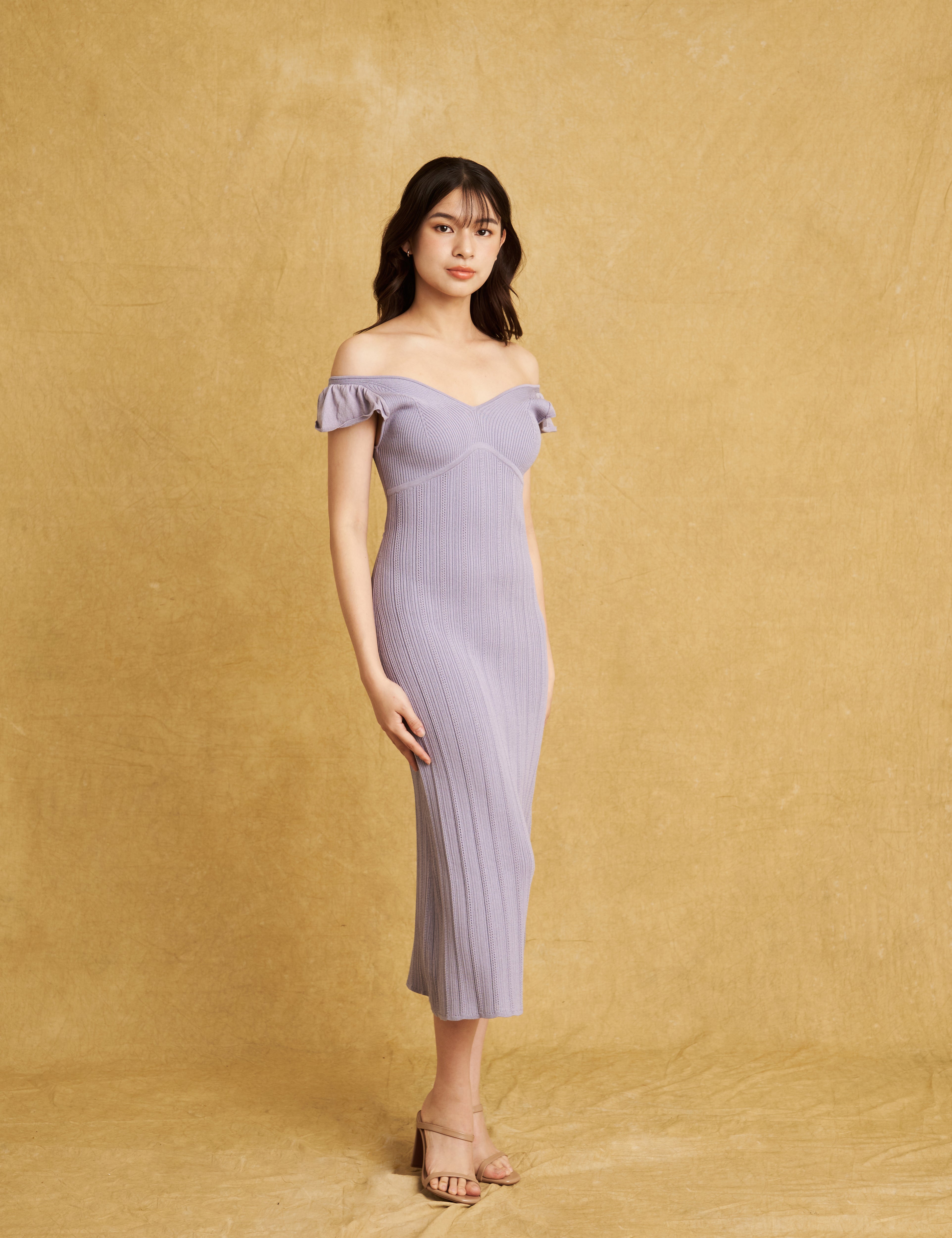 hello ronron | Gabrielle Dress Lilac DR036LILA | V-Neck Bustier Back tie Frill Sleeve Midi Mermaid Pointelle Knit Dress