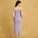 hello ronron | Gabrielle Dress Lilac DR036LILA | V-Neck Bustier Back tie Frill Sleeve Midi Mermaid Pointelle Knit Dress