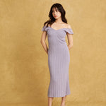 hello ronron | Gabrielle Dress Lilac DR036LILA | V-Neck Bustier Back tie Frill Sleeve Midi Mermaid Pointelle Knit Dress