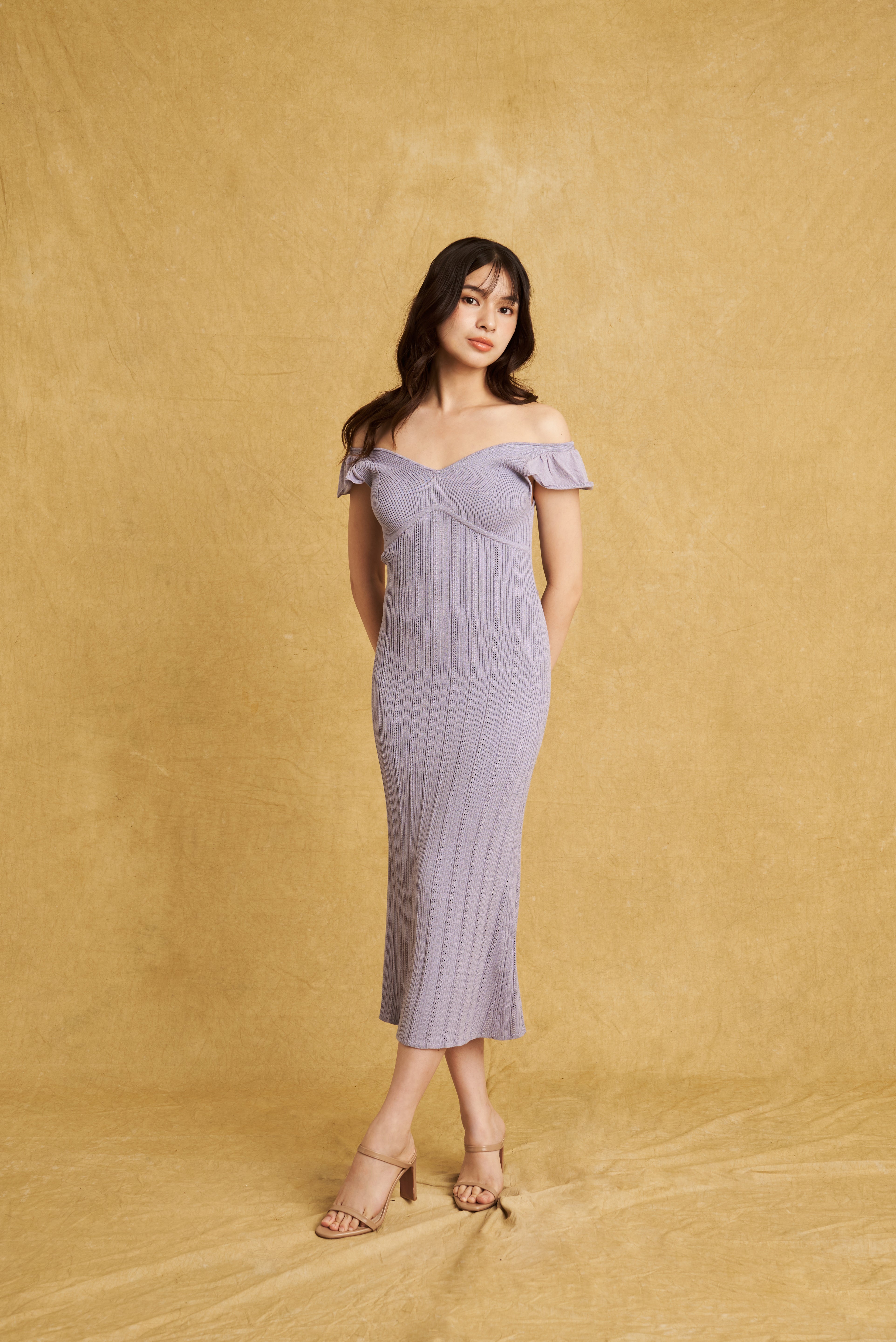 Gabrielle Dress Lilac | V-Neck Bustier Pointelle Knit Maxi Mermaid
