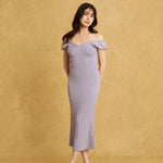 hello ronron | Gabrielle Dress Lilac DR036LILA | V-Neck Bustier Back tie Frill Sleeve Midi Mermaid Pointelle Knit Dress