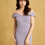 hello ronron | Gabrielle Dress Lilac DR036LILA | V-Neck Bustier Back tie Frill Sleeve Midi Mermaid Pointelle Knit Dress