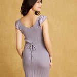 hello ronron | Gabrielle Dress Lilac DR036LILA | V-Neck Bustier Back tie Frill Sleeve Midi Mermaid Pointelle Knit Dress