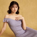hello ronron | Gabrielle Dress Lilac DR036LILA | V-Neck Bustier Back tie Frill Sleeve Midi Mermaid Pointelle Knit Dress