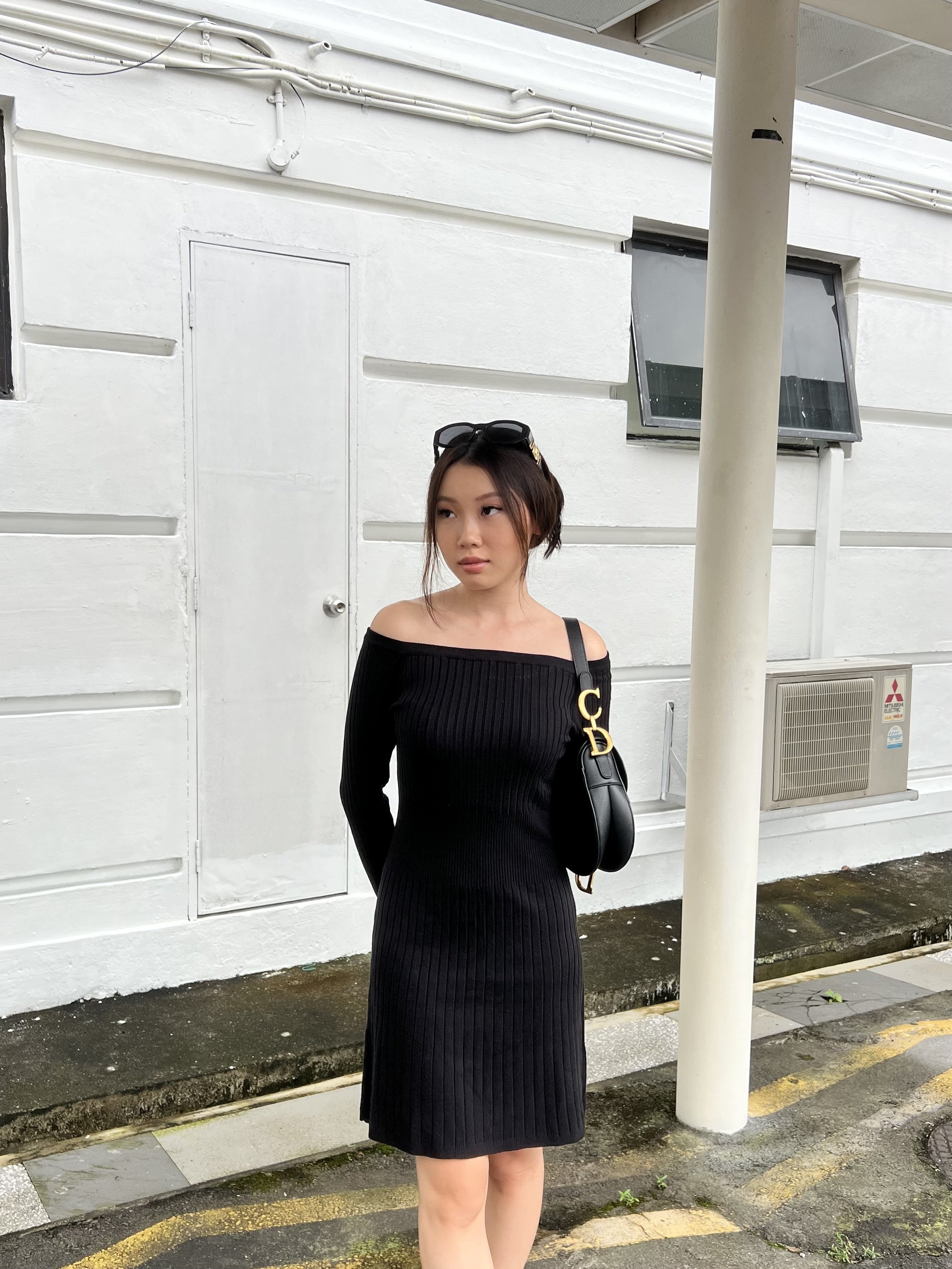 hello ronron | Camille Dress Black | Off-shoulder ribbed knit mini dress DR004-BLK UGC