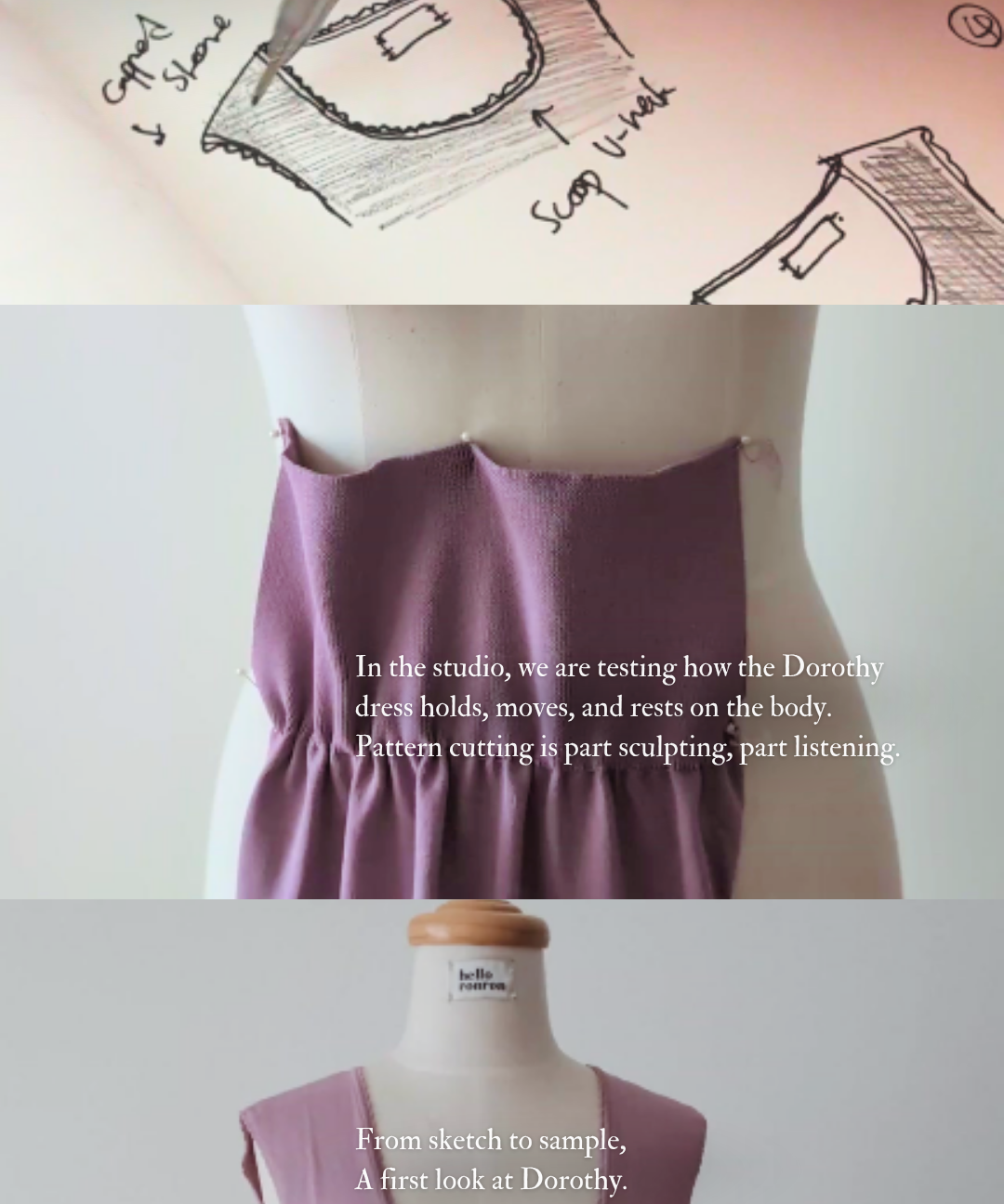 hello ronron | Design process of the Dorothy dress with sketches and mannequin display.