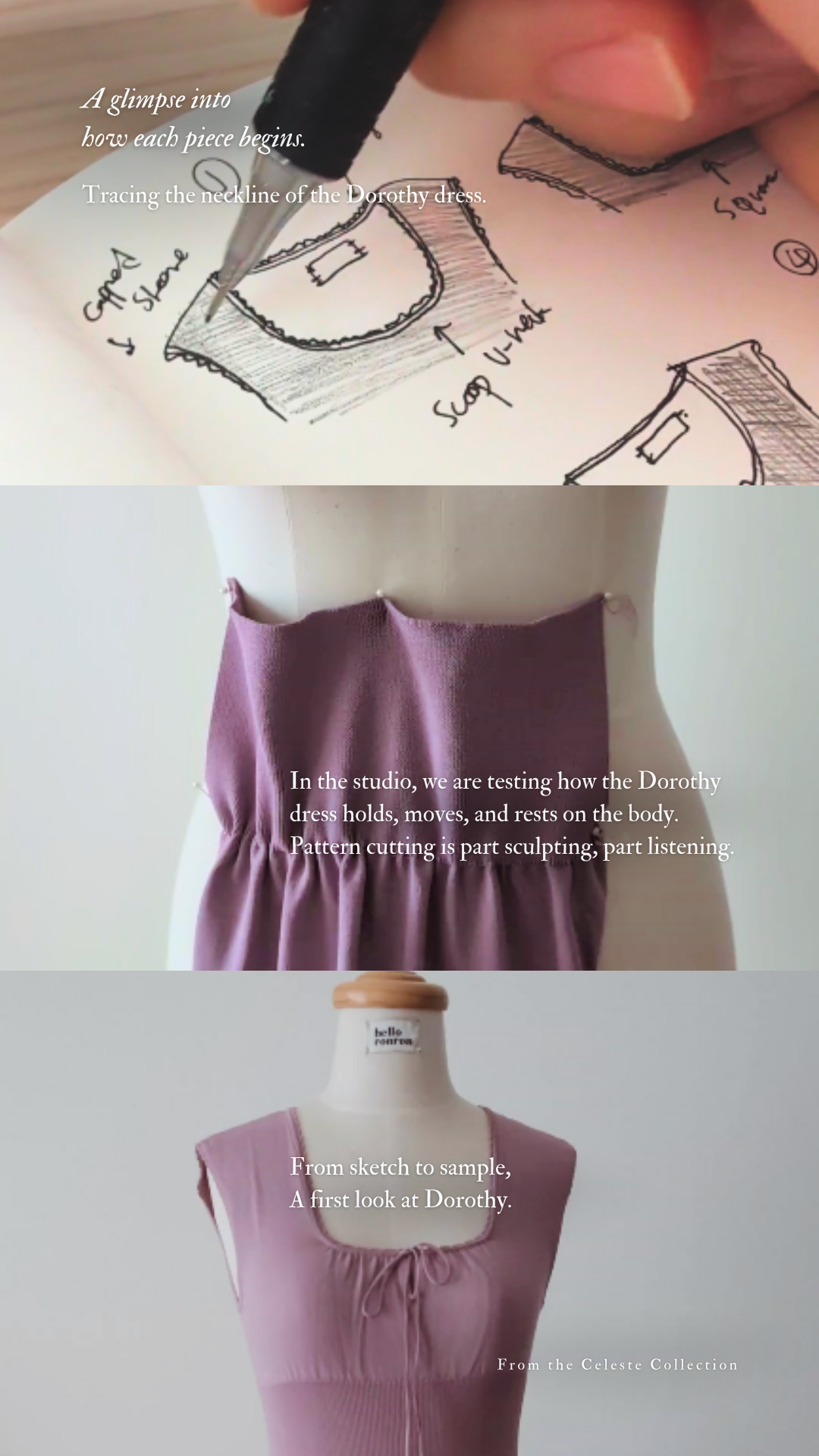 hello ronron | Design process of the Dorothy dress with sketches and mannequin display.