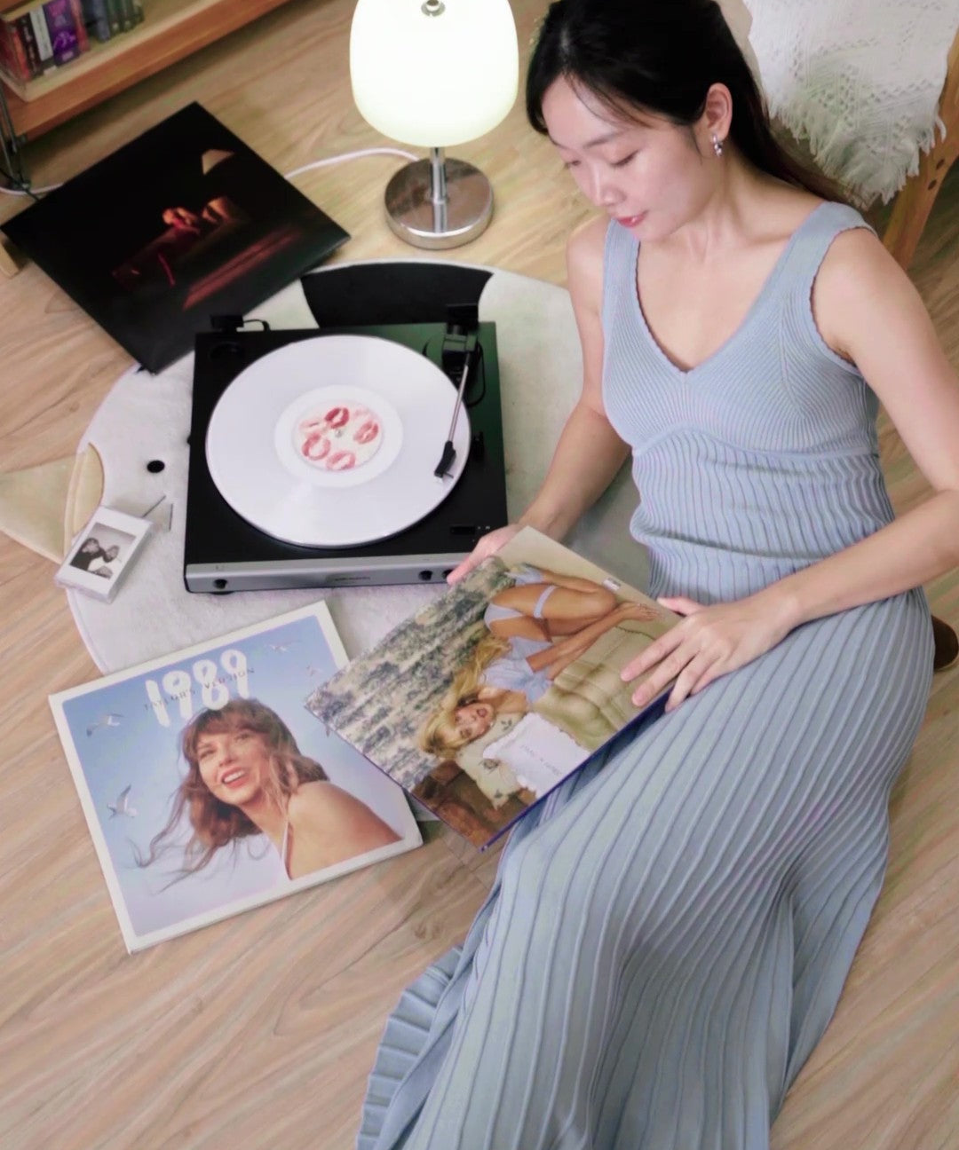 hello ronron | Helena Dress Misty Blue | V neck bustier pleated knit dress with tie detail