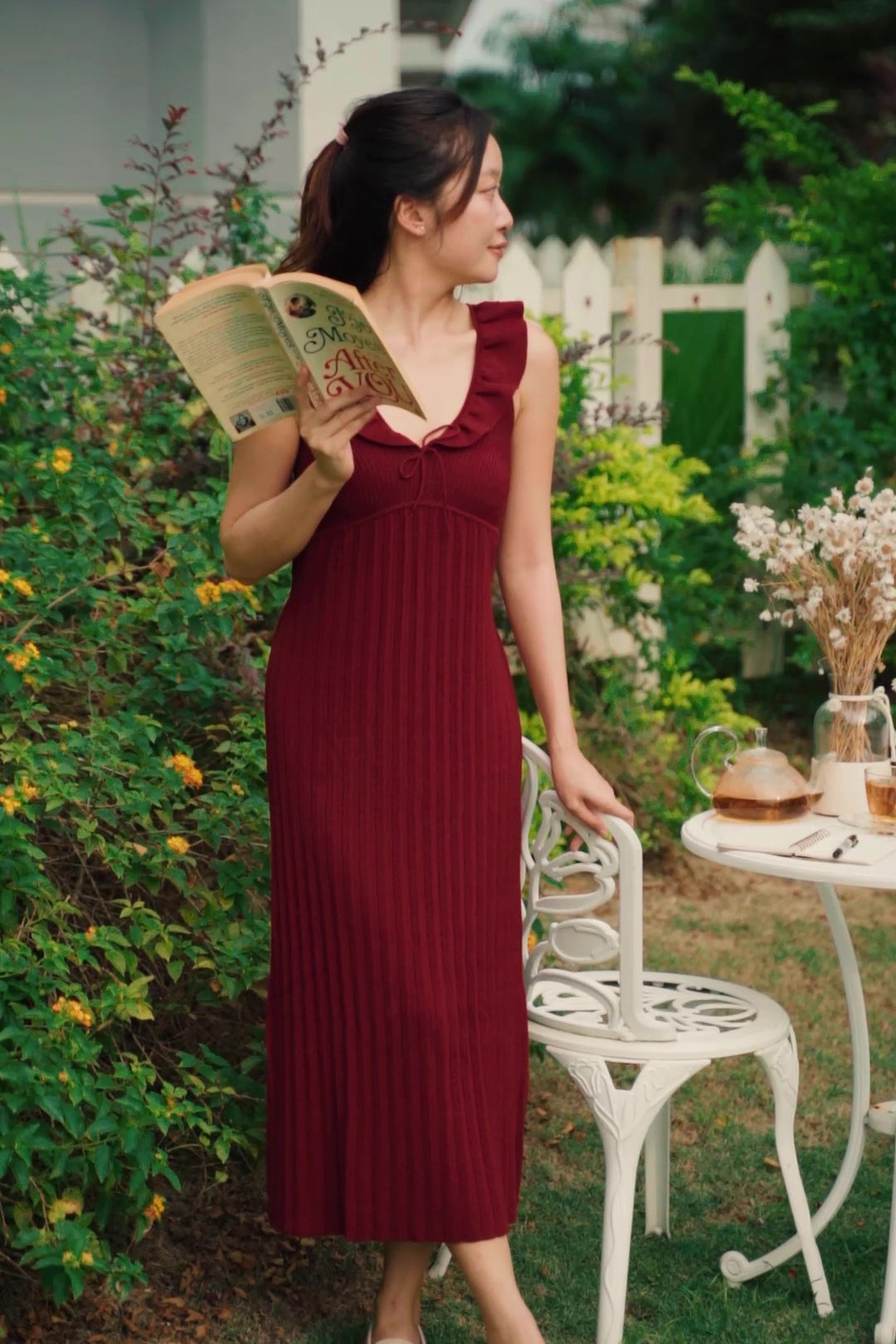 hello ronron | Selma Dress Burgundy | Ruffle neck bustier pleated knit dress with tie details