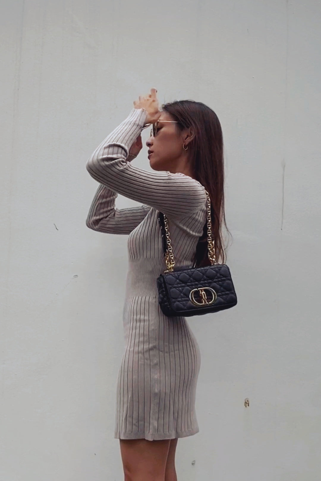 hello ronron | Camille Dress Taupe | Off-shoulder ribbed knit mini dress DR004-TAUP