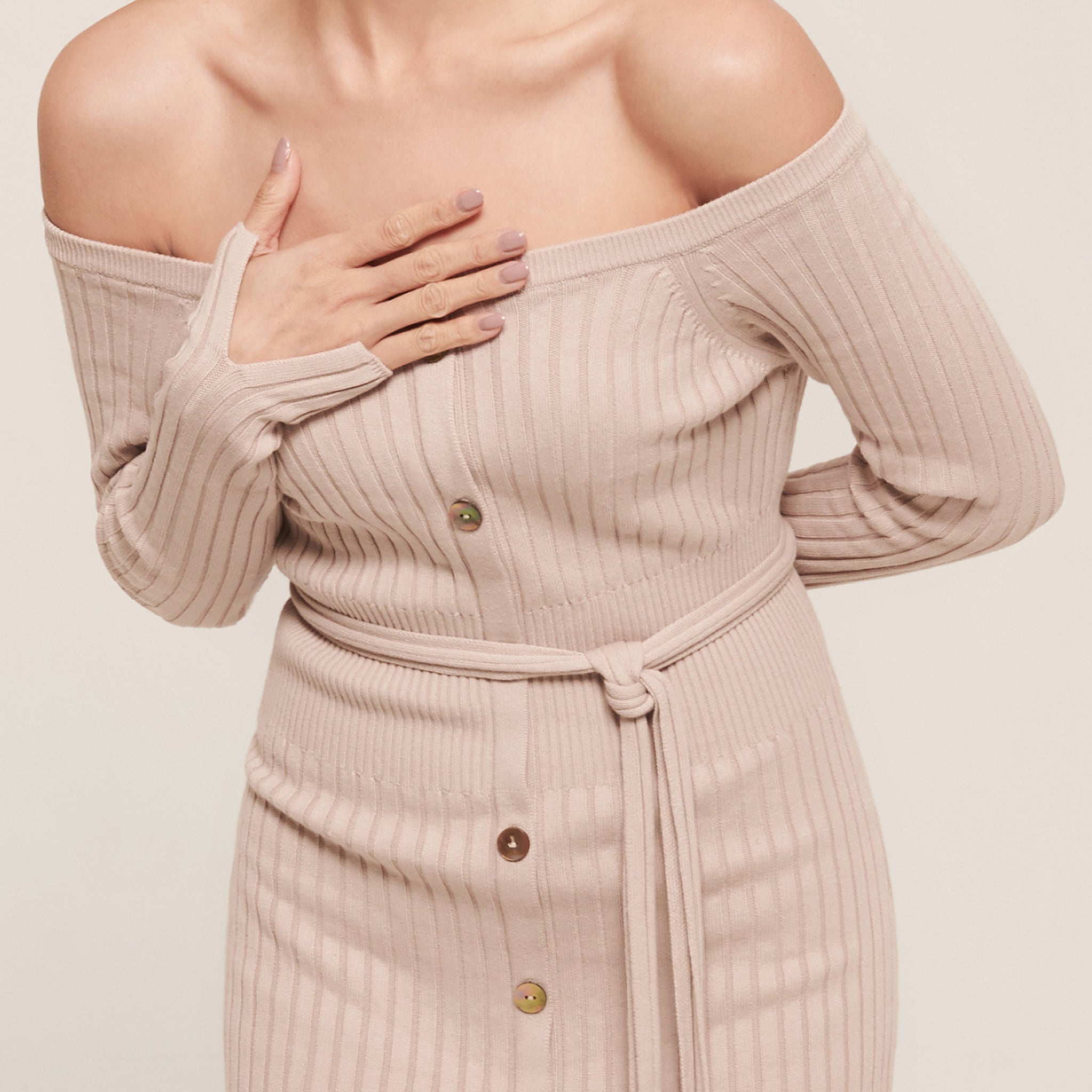 hello ronron | Sylvie Dress Cream | Button-embellished off-shoulder ribbed knit midi dress