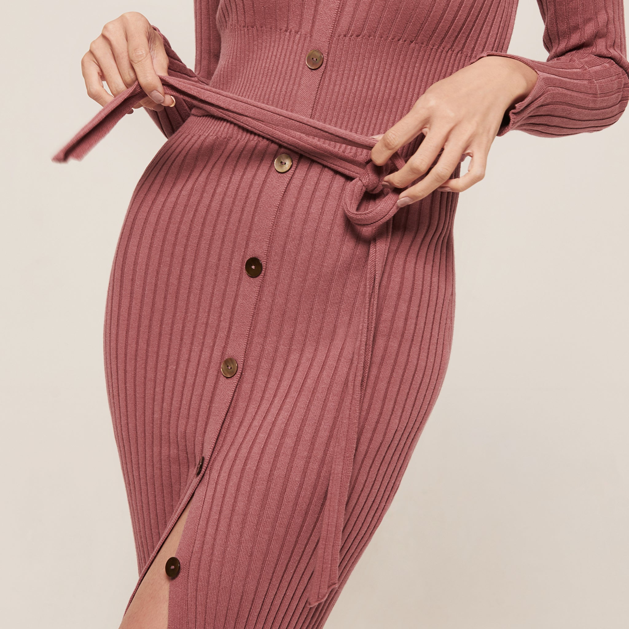 hello ronron | Sylvie Dress Rose | Button-embellished off-shoulder ribbed knit midi dress