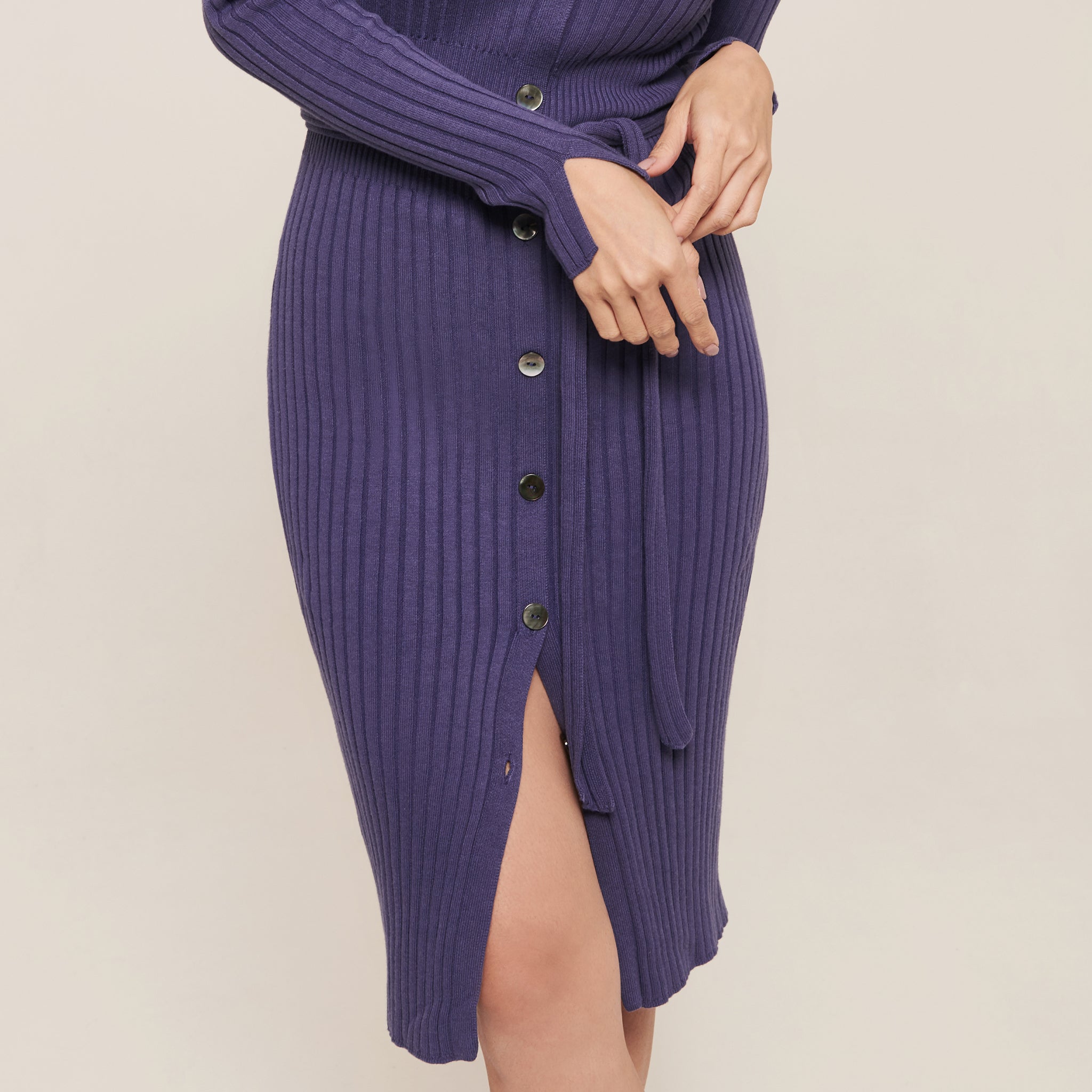 hello ronron } Sylvie Dress Very Peri | Button-embellished ribbed knit midi skirt