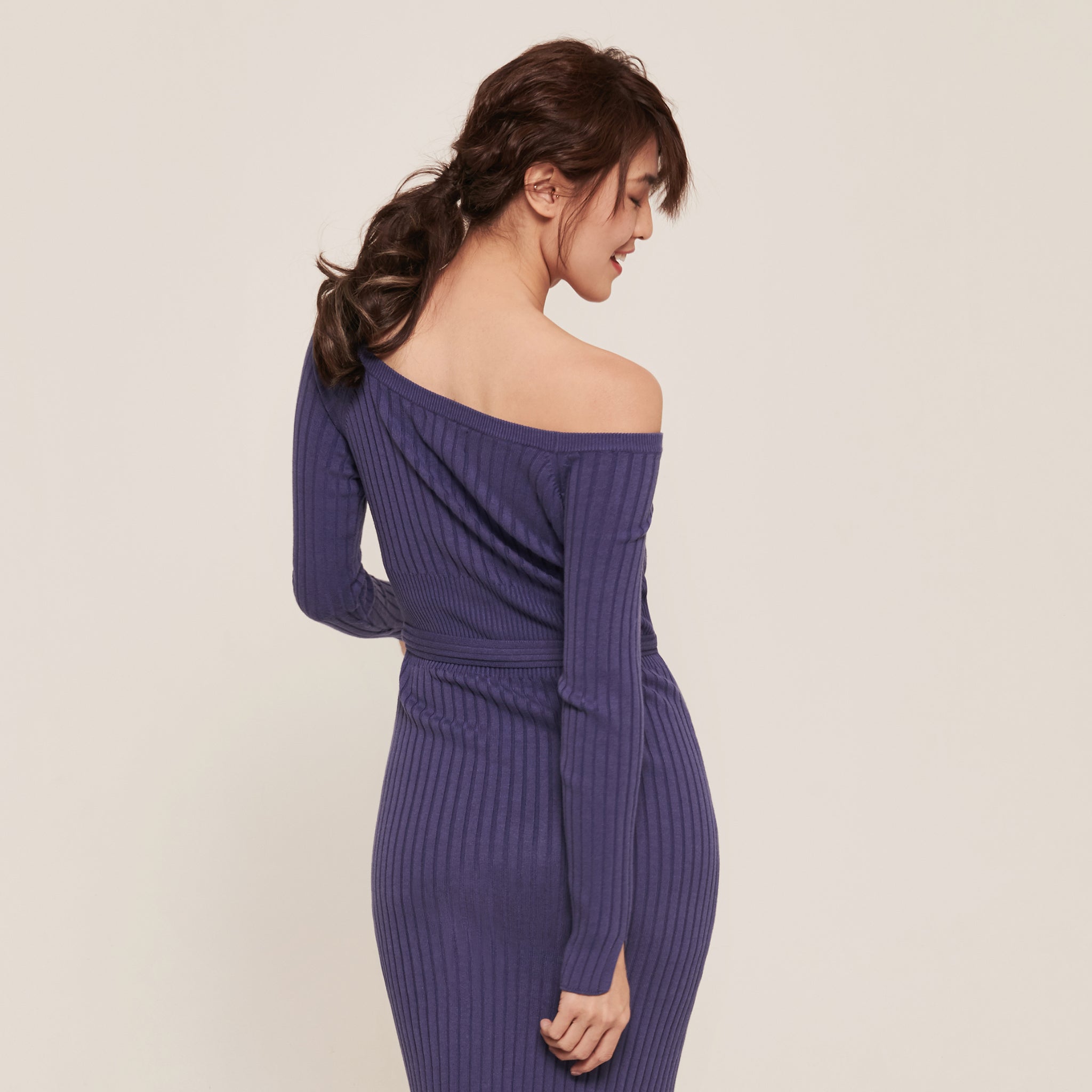 hello ronron } Sylvie Dress Very Peri | Button-embellished ribbed knit midi skirt