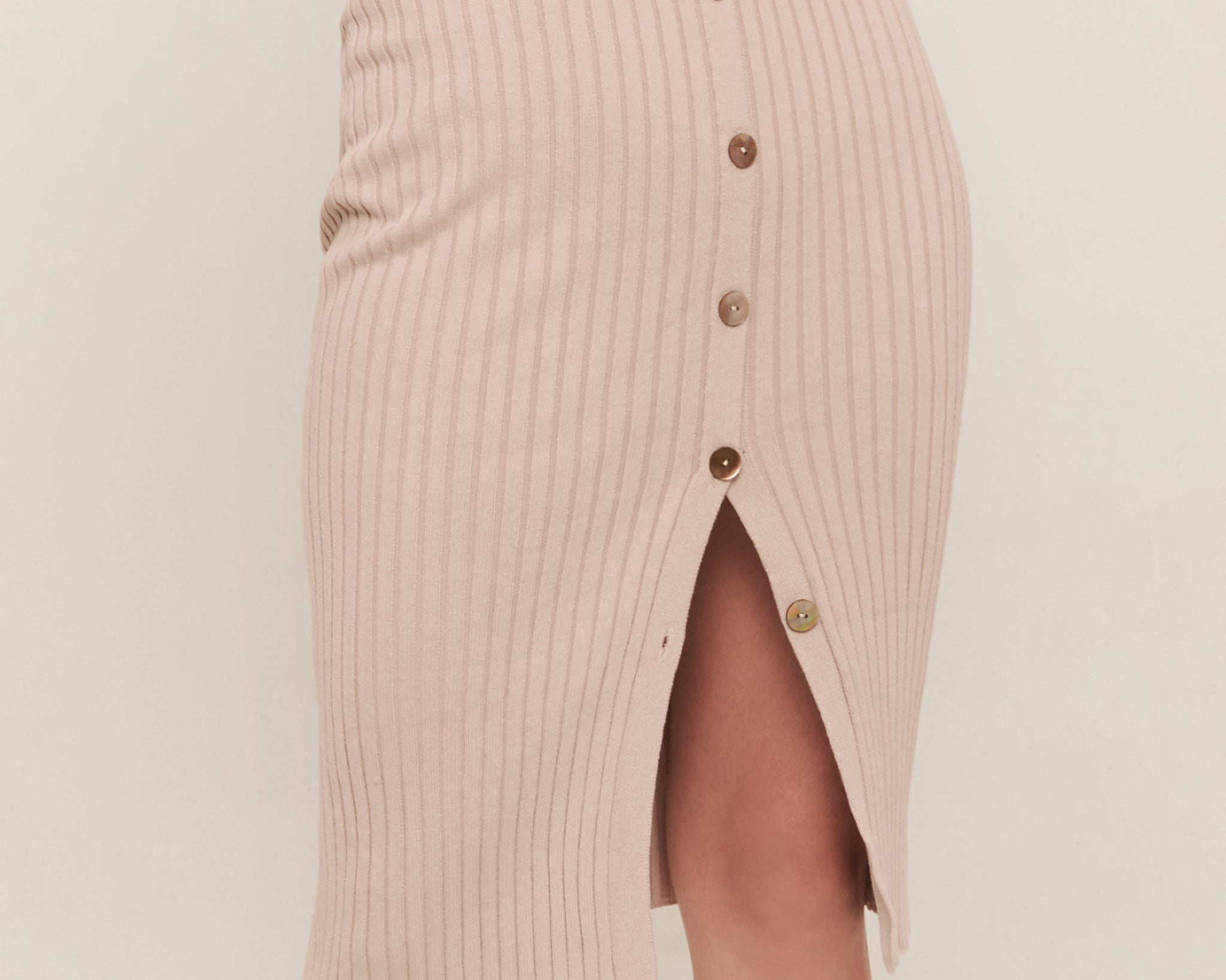 hello ronron | Sylvie Skirt & Dress | Button-embellished ribbed knit midi skirt | close-up