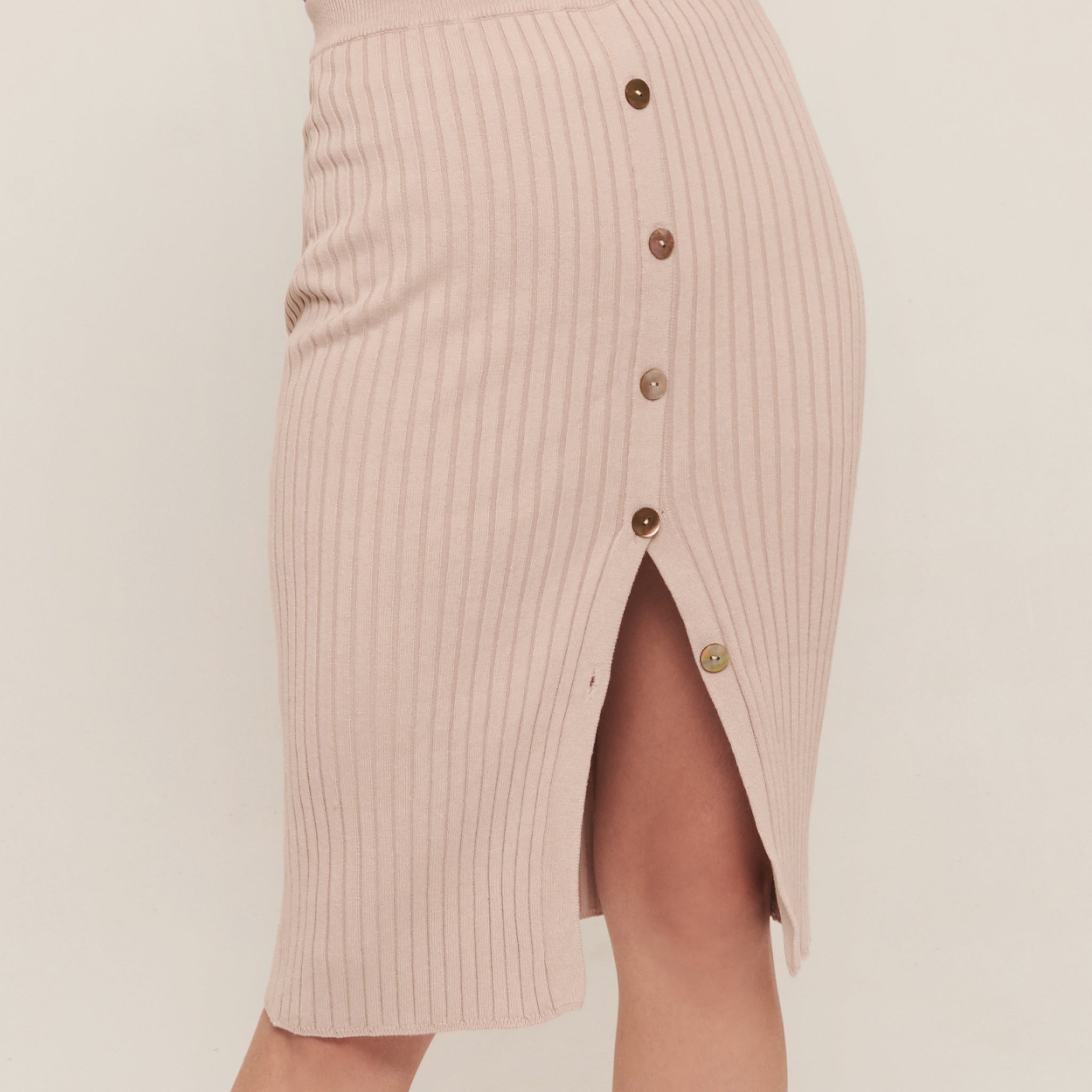 hello ronron | Sylvie Skirt & Dress | Button-embellished ribbed knit midi skirt | close-up