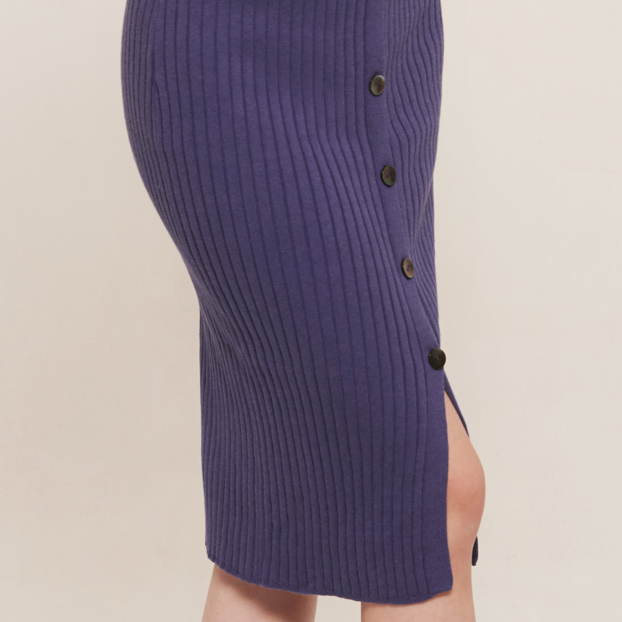 hello ronron } Sylvie Skirt Very Peri | Button-embellished ribbed knit midi skirt