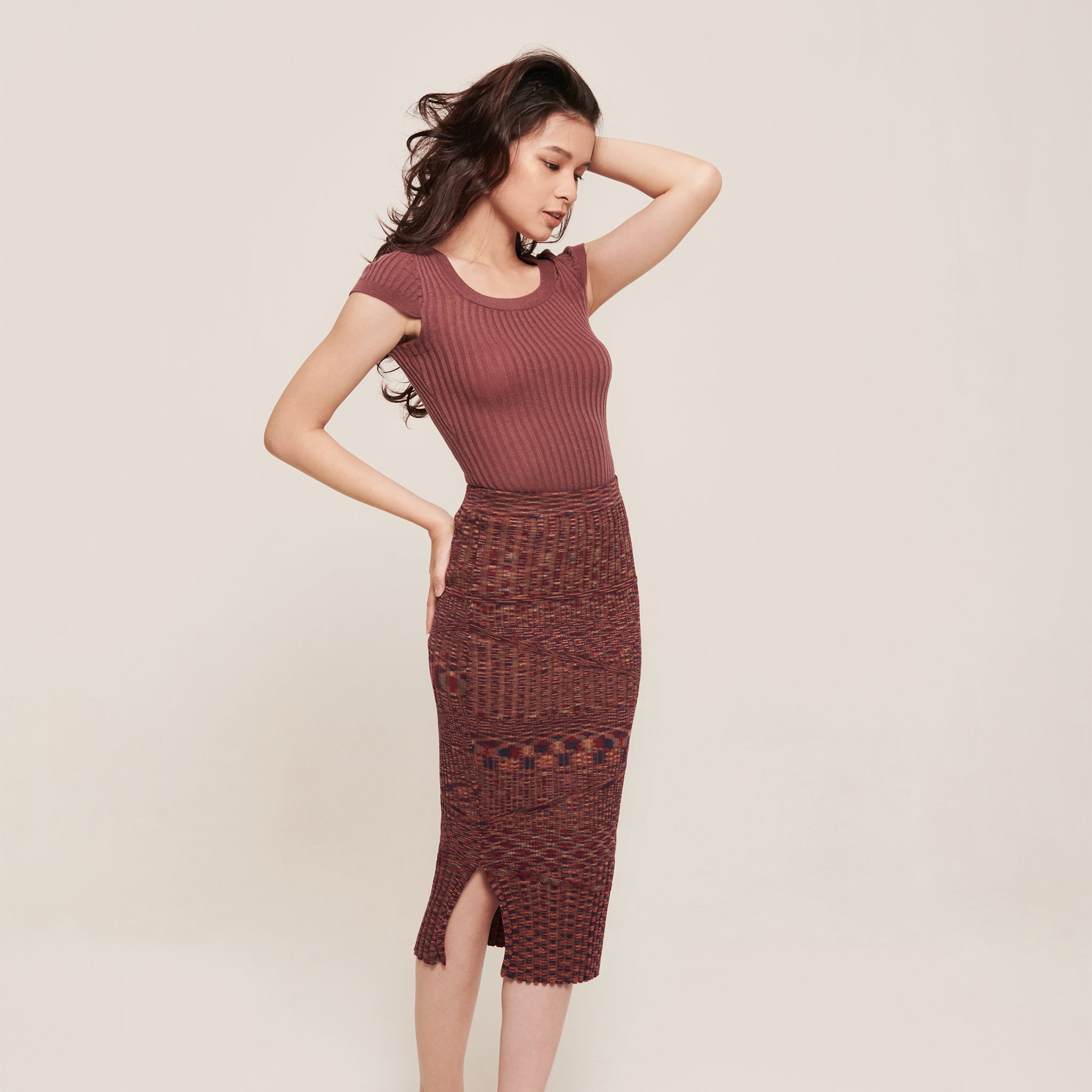 hello ronron | Hera Skirt | Mouliné ribbed knit midi skirt