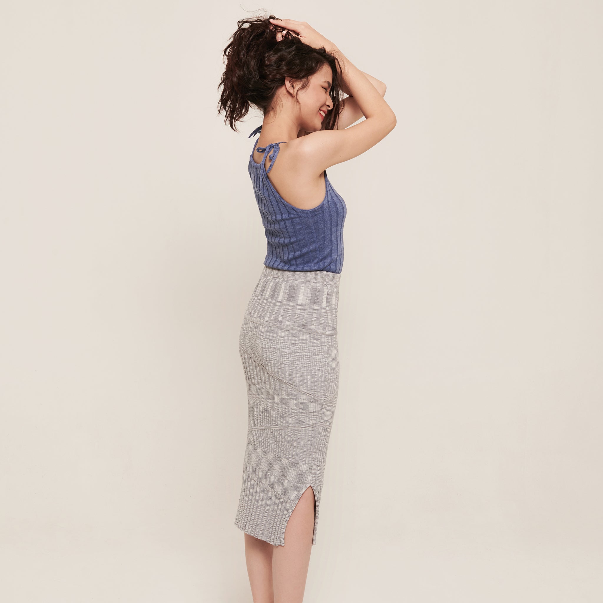 hello ronron | Hera Skirt Cloud | Mouliné ribbed knit midi skirt