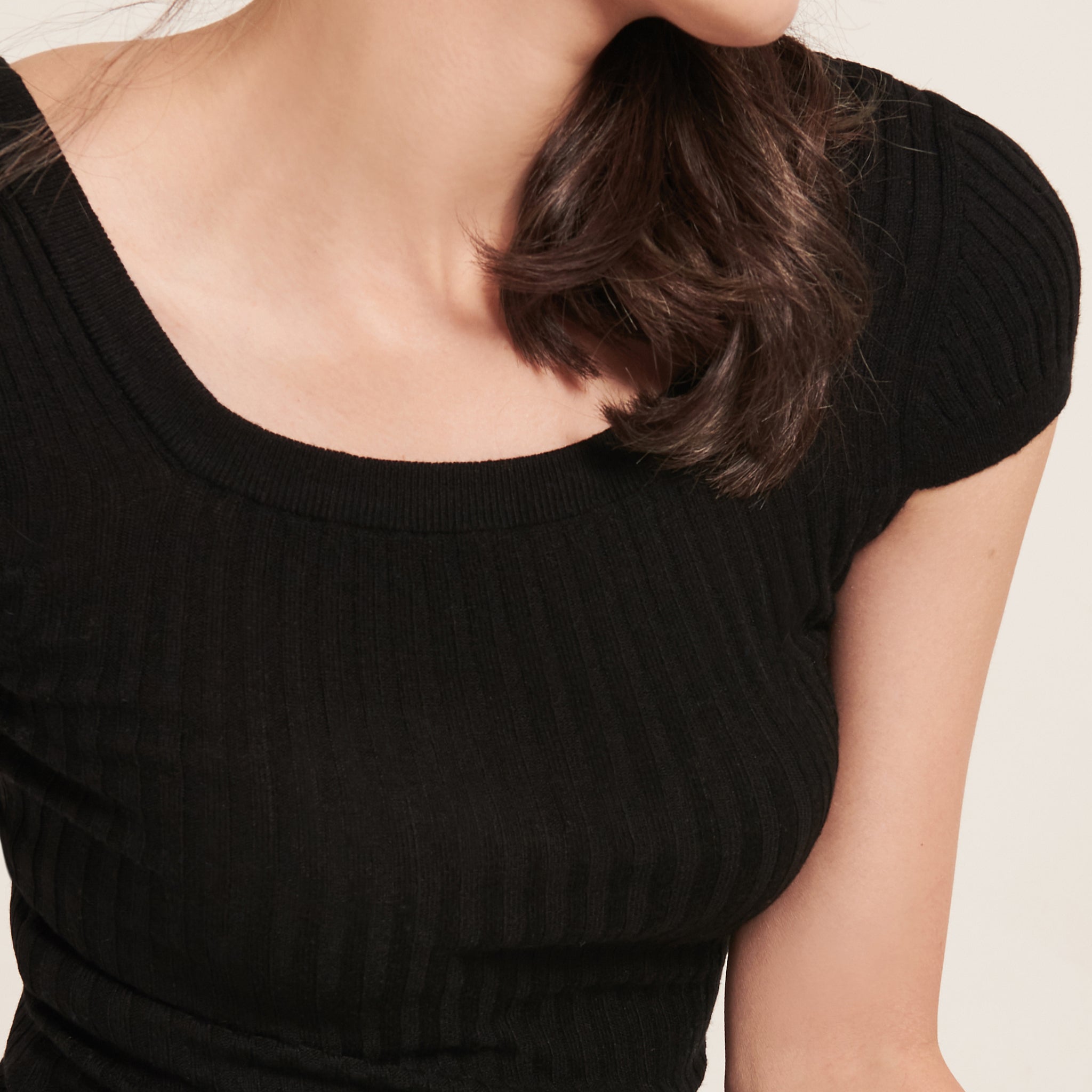 hello ronron | Lynn Top Black | Square neck ribbed knit top