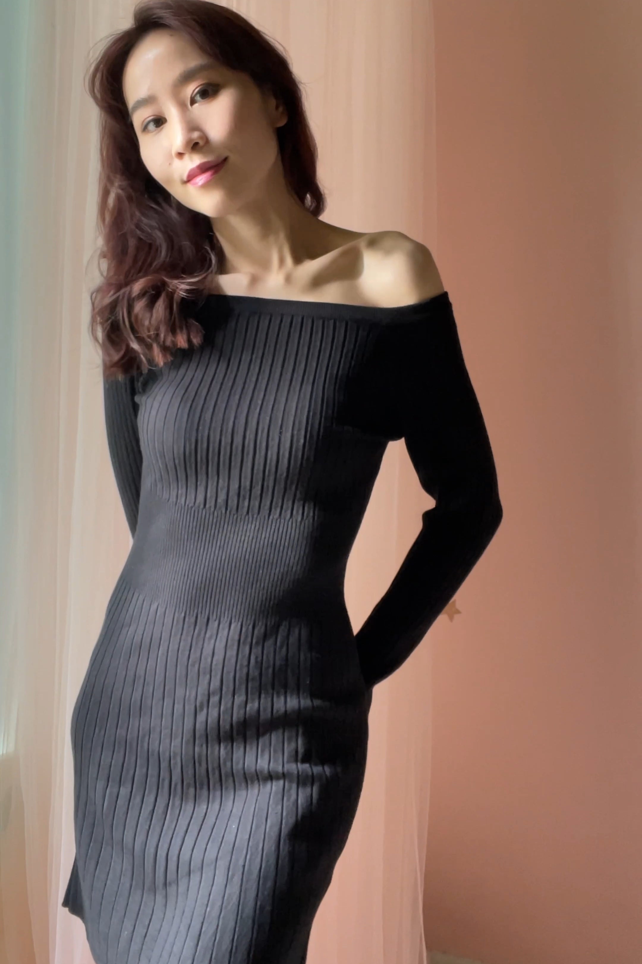 hello ronron Camille Dress Black | Off-shoulder ribbed knit midi dress nipped waist DR004-BLK