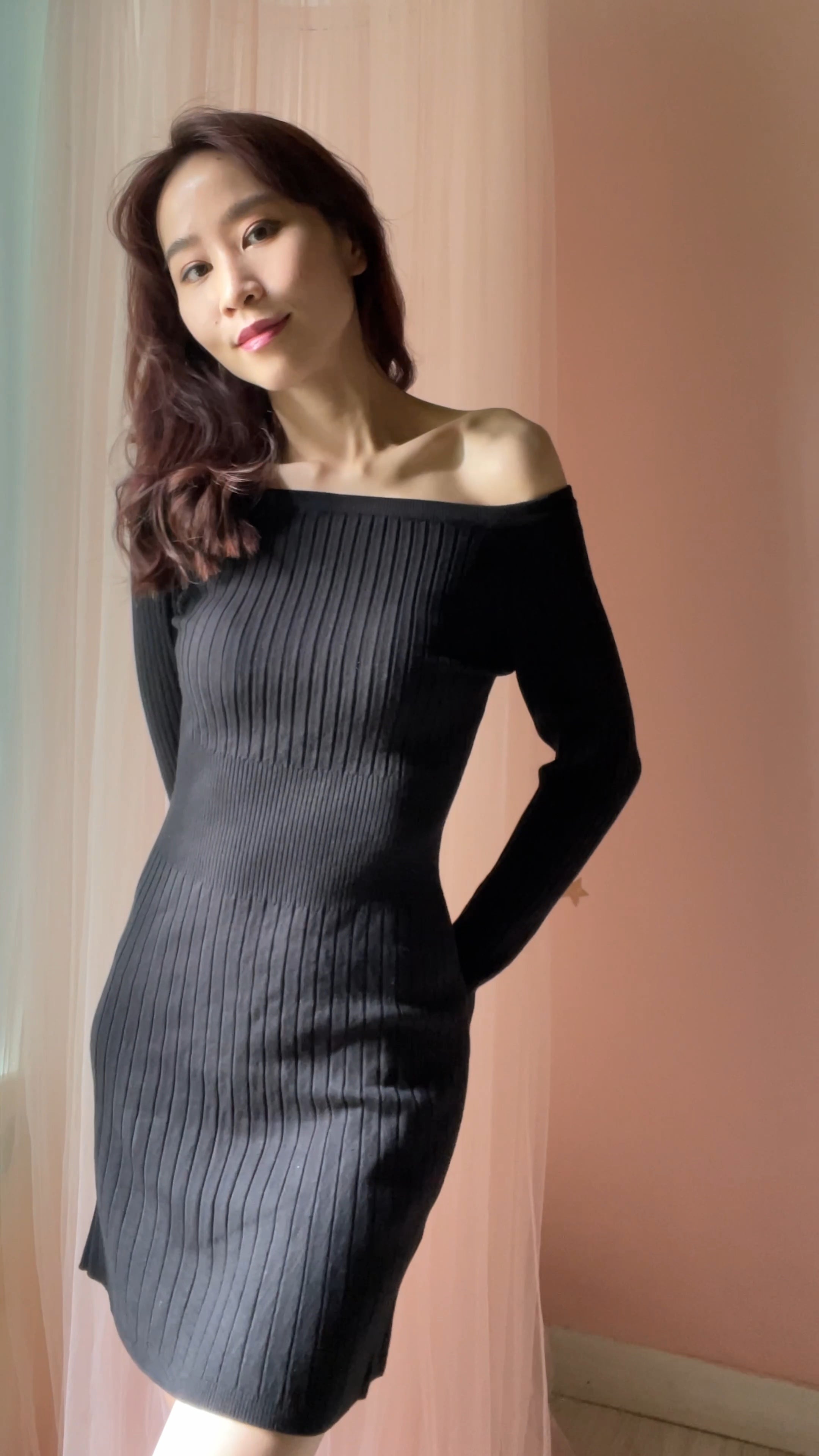 hello ronron Camille Dress Black | Off-shoulder ribbed knit midi dress nipped waist