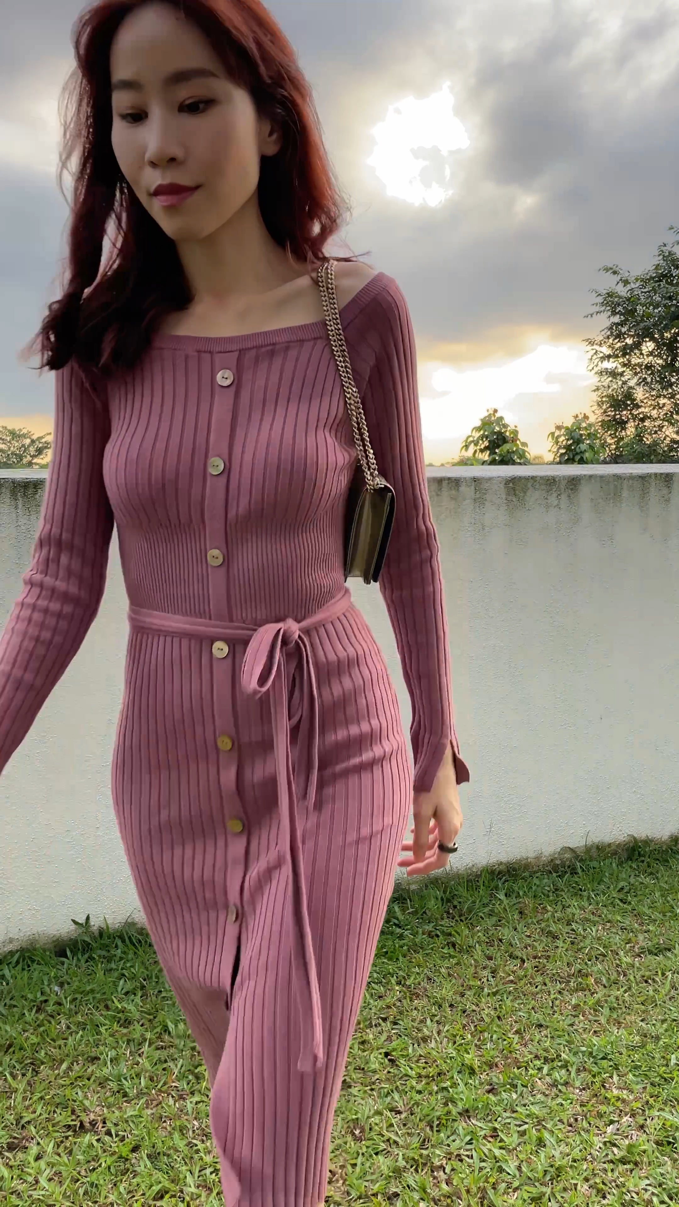 hello ronron Sylvie Dress Rose | off-shoulder midi ribbed knit dress with nipped waist embellished mother of pearl seashell buttons