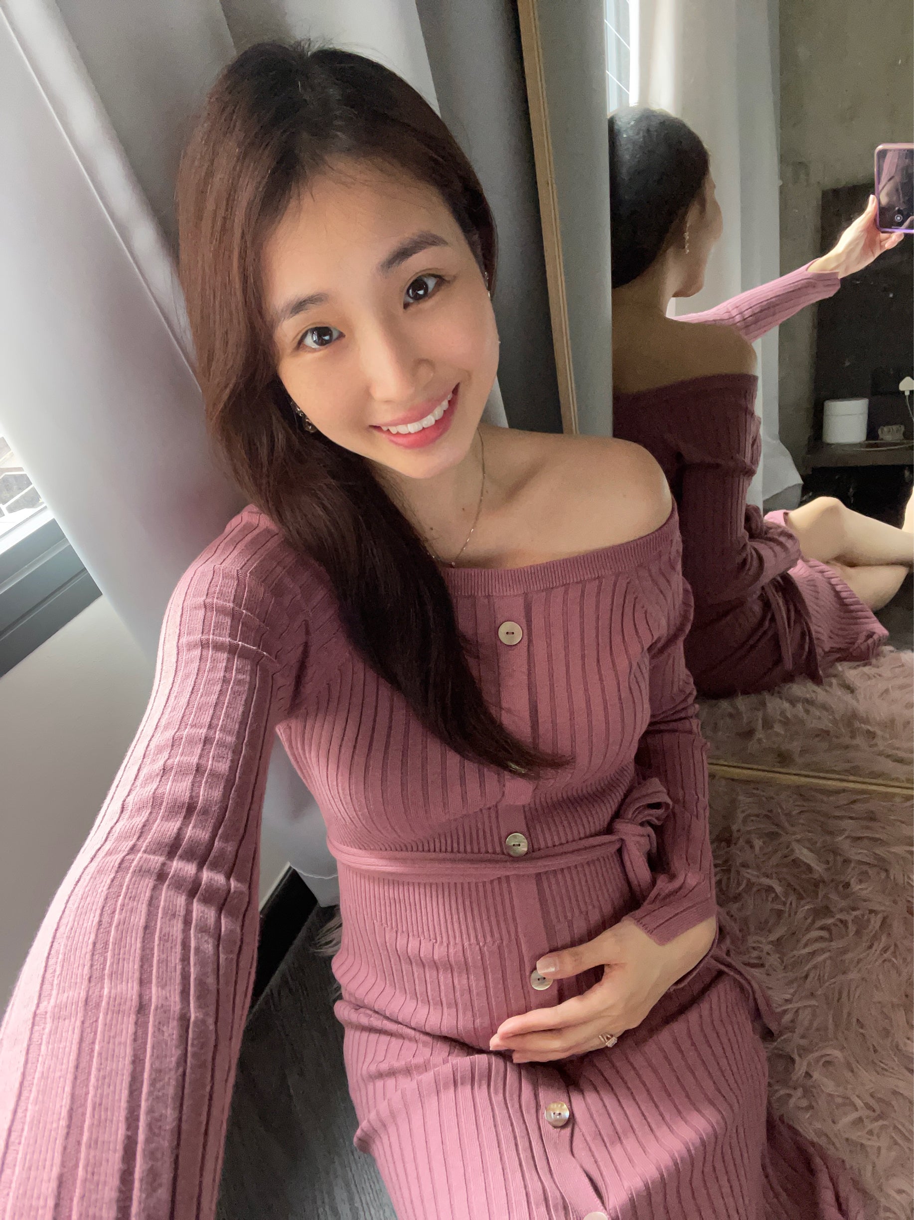 hello ronron | Sylvie Dress Rose | Button-embellished off-shoulder ribbed knit midi dress DR034-ROS UGC