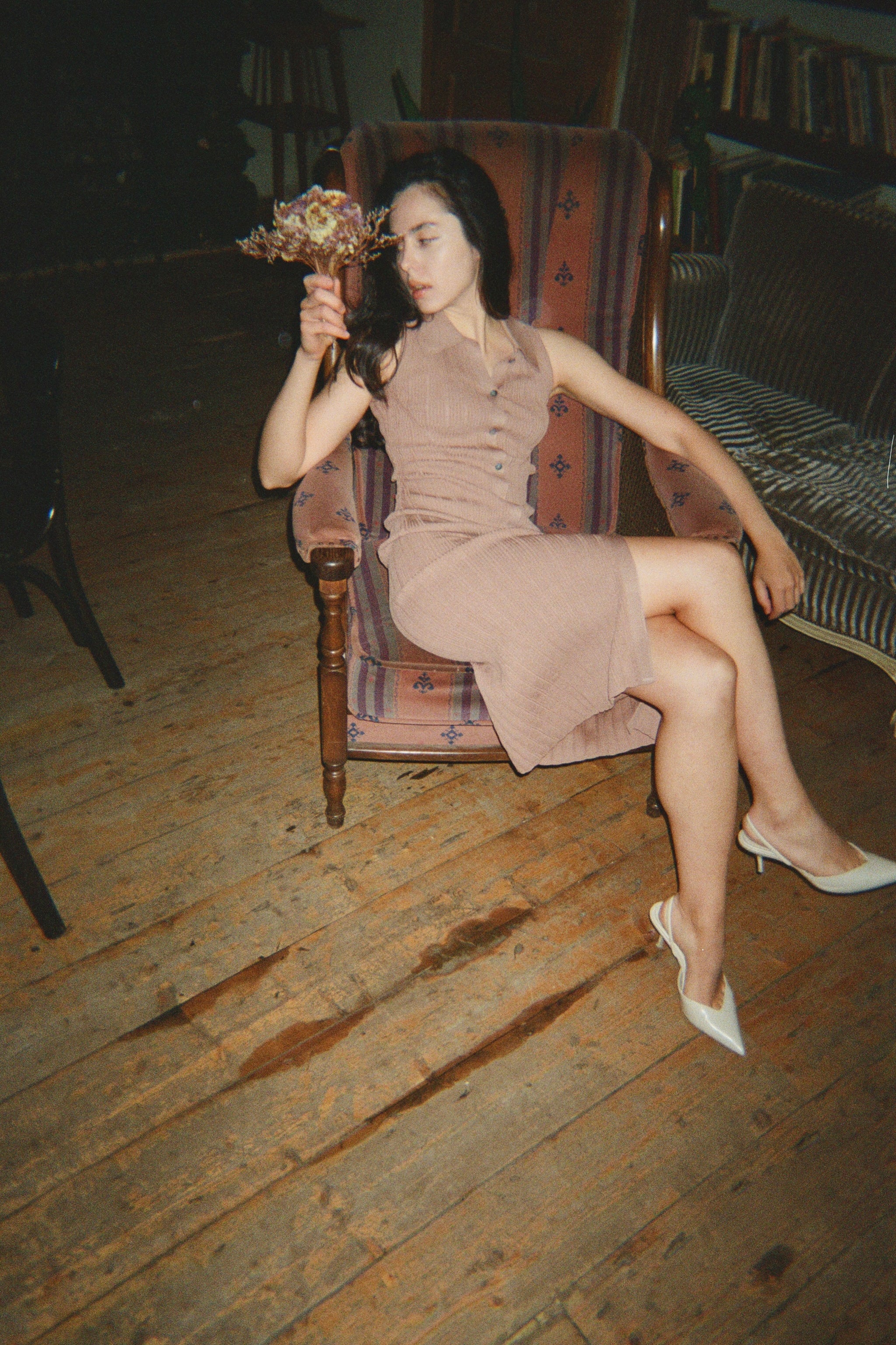 hello ronron | Joan Dress Chai | Button down collar pointelle knit maxi dress | DR027-CHAI