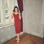 hello ronron | Selma Dress Burgundy | Ruffled neckline bustier pleated maxi knit dress | DR046-BGD