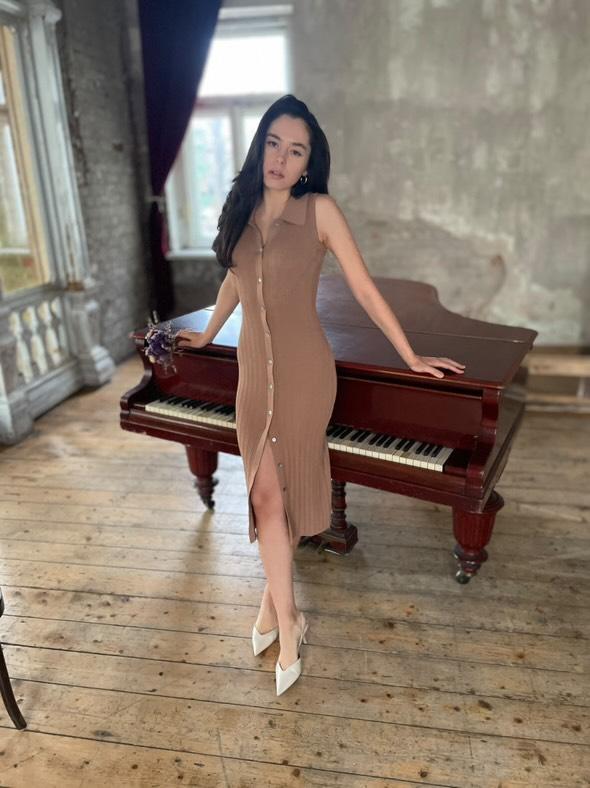hello ronron | Joan Dress Chai | Button down collar pointelle knit maxi dress | DR027-CHAI