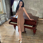 hello ronron | Joan Dress Chai | Button down collar pointelle knit maxi dress | DR027-CHAI