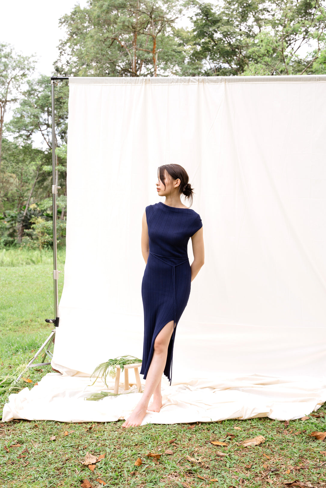 hello ronron | Louise Dress Oxford Blue | Cowl Neck Tie-Detail Off-Shoulder High-Slit Maxi Ribbed Knit Dress