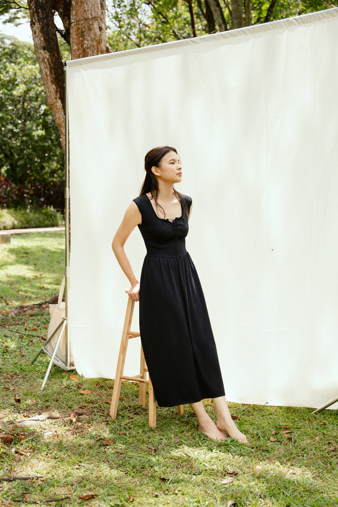 hello ronron | Dorothy Dress Blueberry | Square Neck Tie-Detail Cinch-waist Maxi Jersey Knit Dress