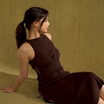 hello ronron Monica Dress Cocoa | Boat neck lace-up pointelle knit maxi dress