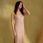 hello ronron Monica Dress Powder Pink | Boat neck lace-up pointelle knit maxi dress