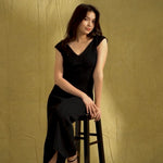 hello ronron Gabrielle Dress Black | V-neck frill sleeve bustier pointelle black knit maxi mermaid dress