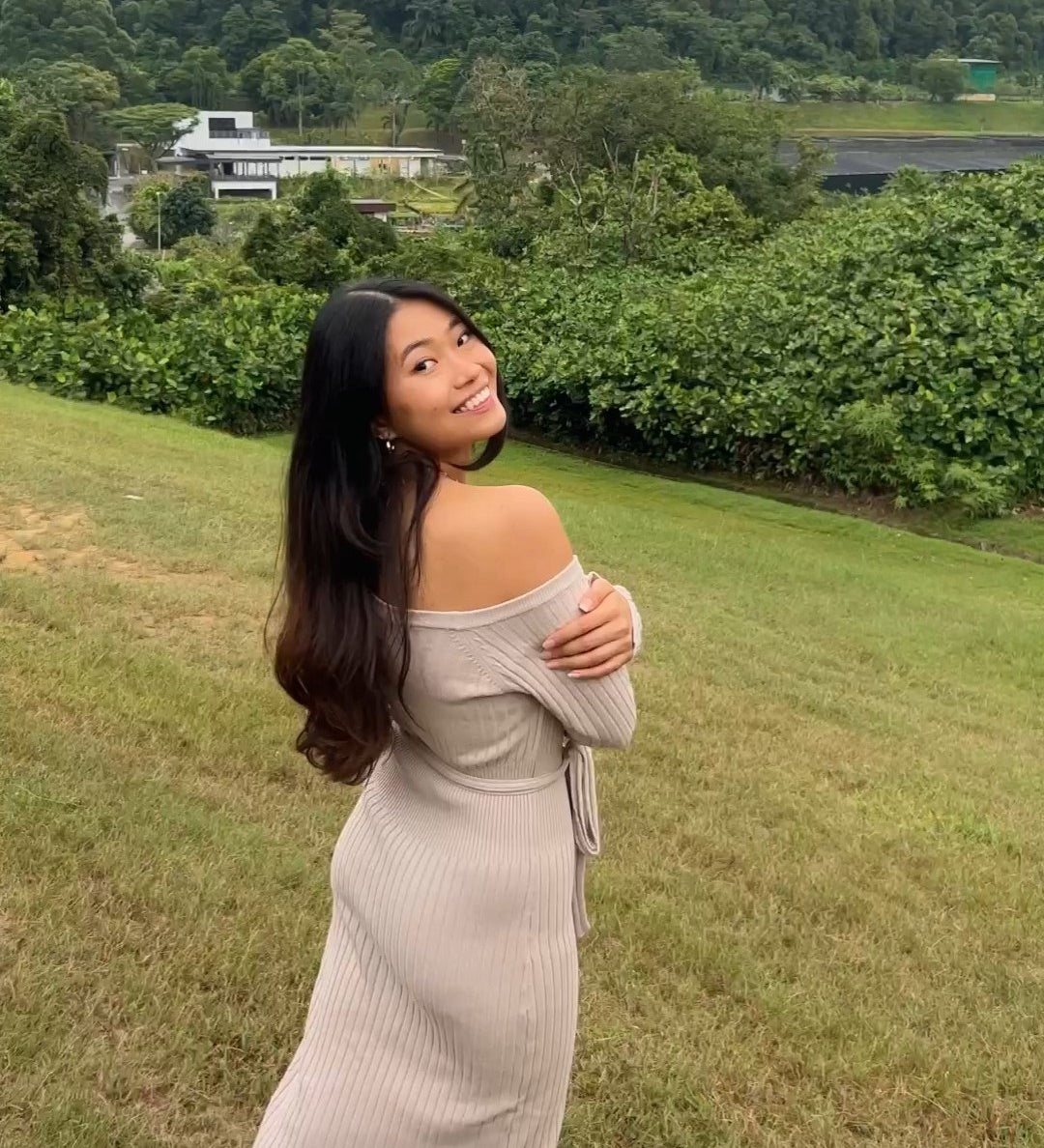 hello ronron | Sylvie Dress Cream | Button-embellished off-shoulder ribbed knit midi dress