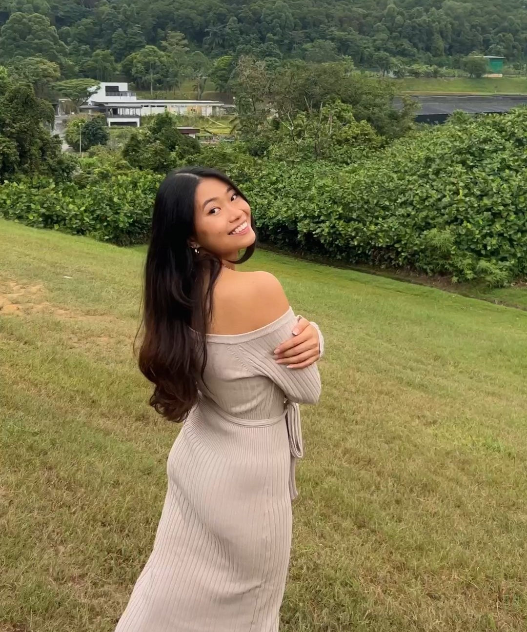 hello ronron | Sylvie Dress Cream | Button-embellished off-shoulder ribbed knit midi dress