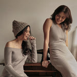 hello ronron | Camille Dress Taupe | Off-shoulder ribbed knit mini dress
