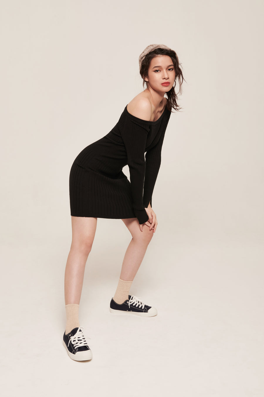 hello ronron | Camille Dress Black | Off-shoulder ribbed knit mini dress