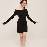 hello ronron | Camille Dress Black | Off-shoulder ribbed knit mini dress