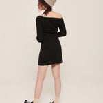 hello ronron | Camille Dress Black | Off-shoulder ribbed knit mini dress