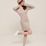 hello ronron | Camille Dress Taupe | Off-shoulder ribbed knit mini dress