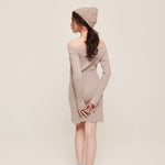 hello ronron | Camille Dress Taupe | Off-shoulder ribbed knit mini dress