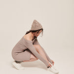 hello ronron | Camille Dress Taupe | Off-shoulder ribbed knit mini dress