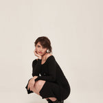 hello ronron | Sylvie Dress Black | Button-embellished off-shoulder ribbed knit midi dress